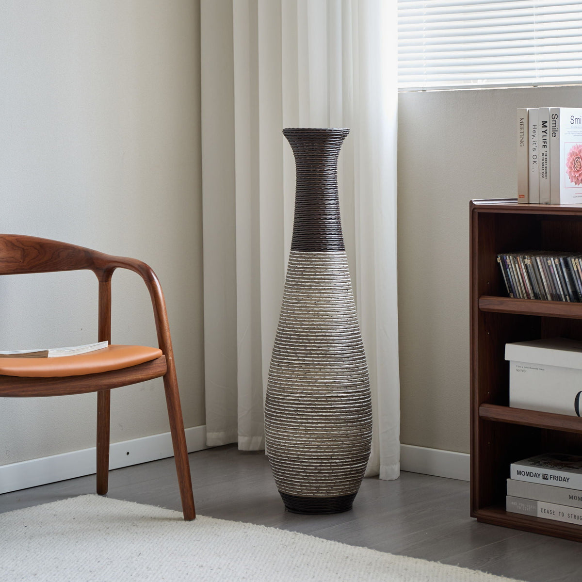 Tall Artificial Rattan Floor Vase with Two-Tone Finish - Black / Gray