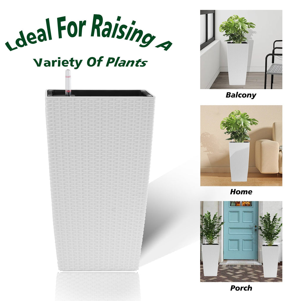 22.6-Inch Modern Faux Rattan Square Planter with Automatic Watering System - White