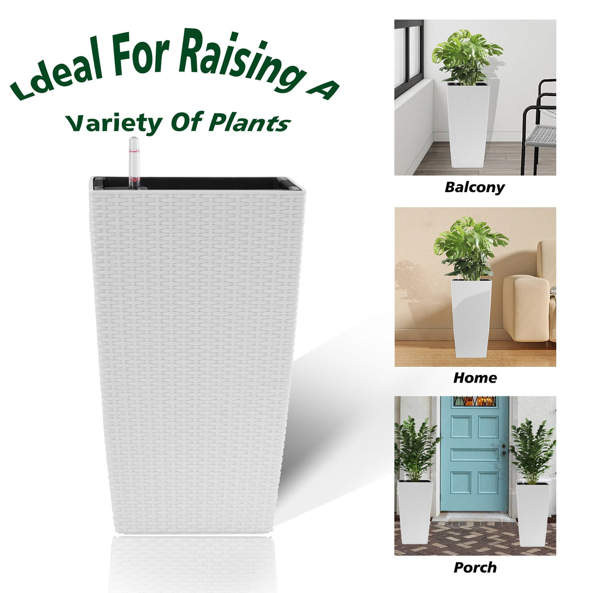 22.6-Inch Modern Faux Rattan Square Planter with Automatic Watering System - White