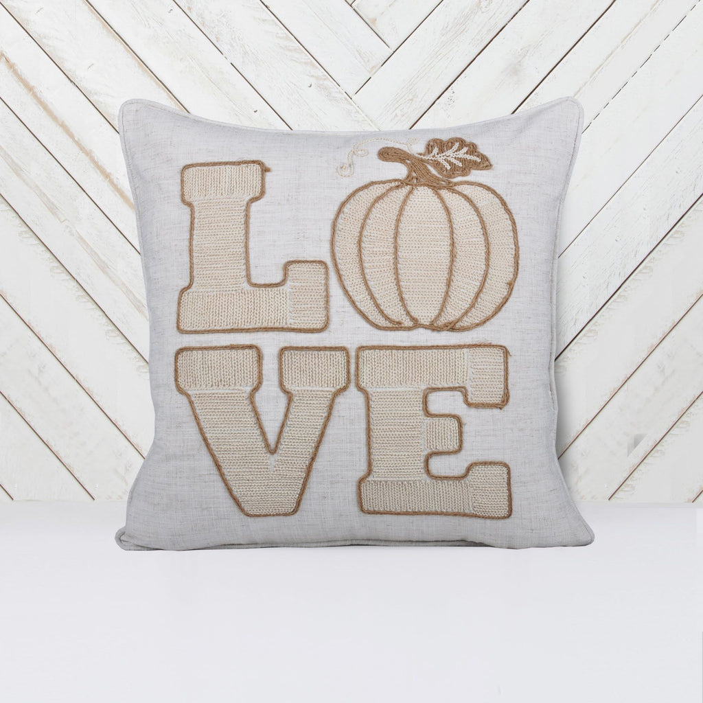 Love Pumpkin Embroidered Throw Pillow with Embroidered LOVE Lettering - Natural
