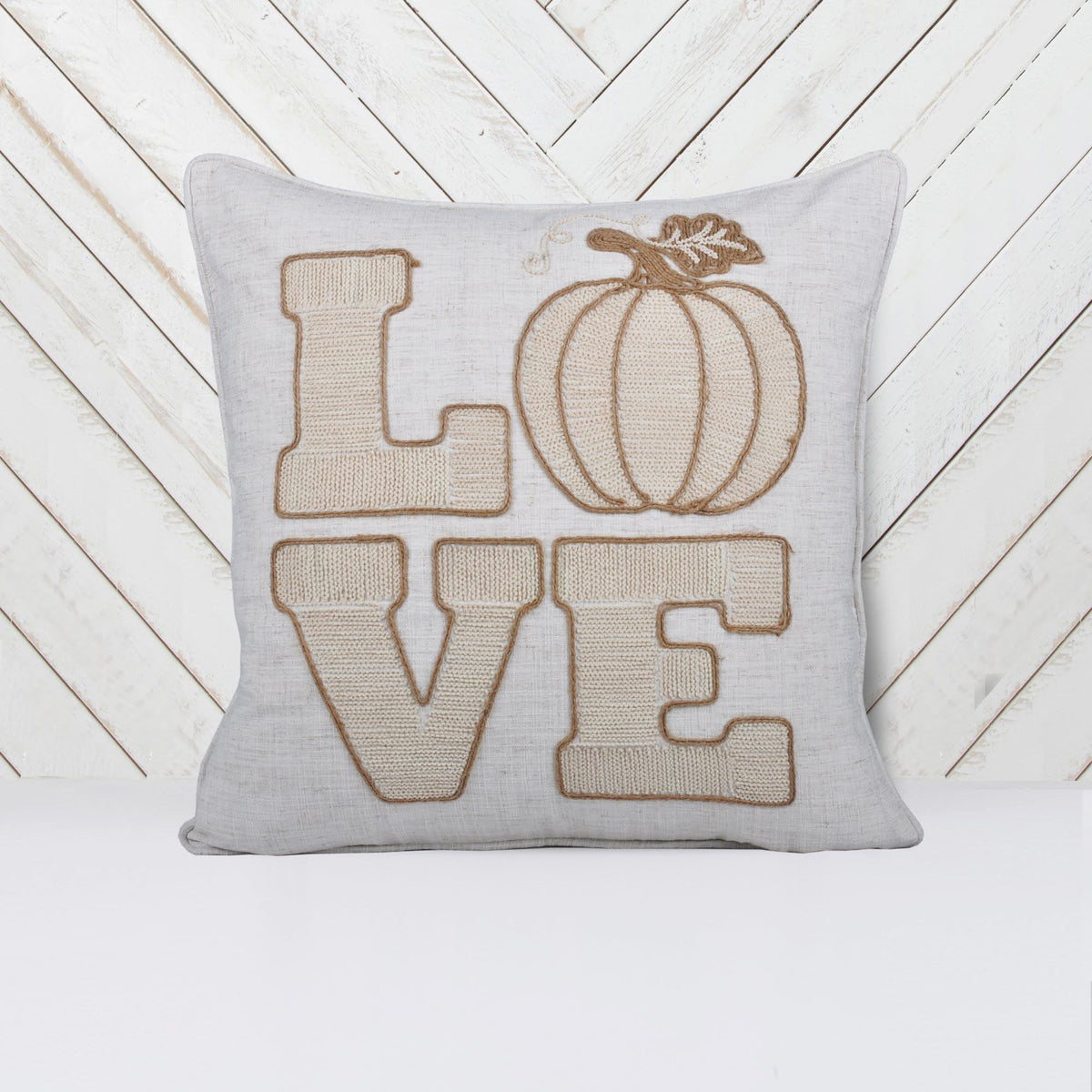 Love Pumpkin Embroidered Throw Pillow with Embroidered LOVE Lettering - Natural