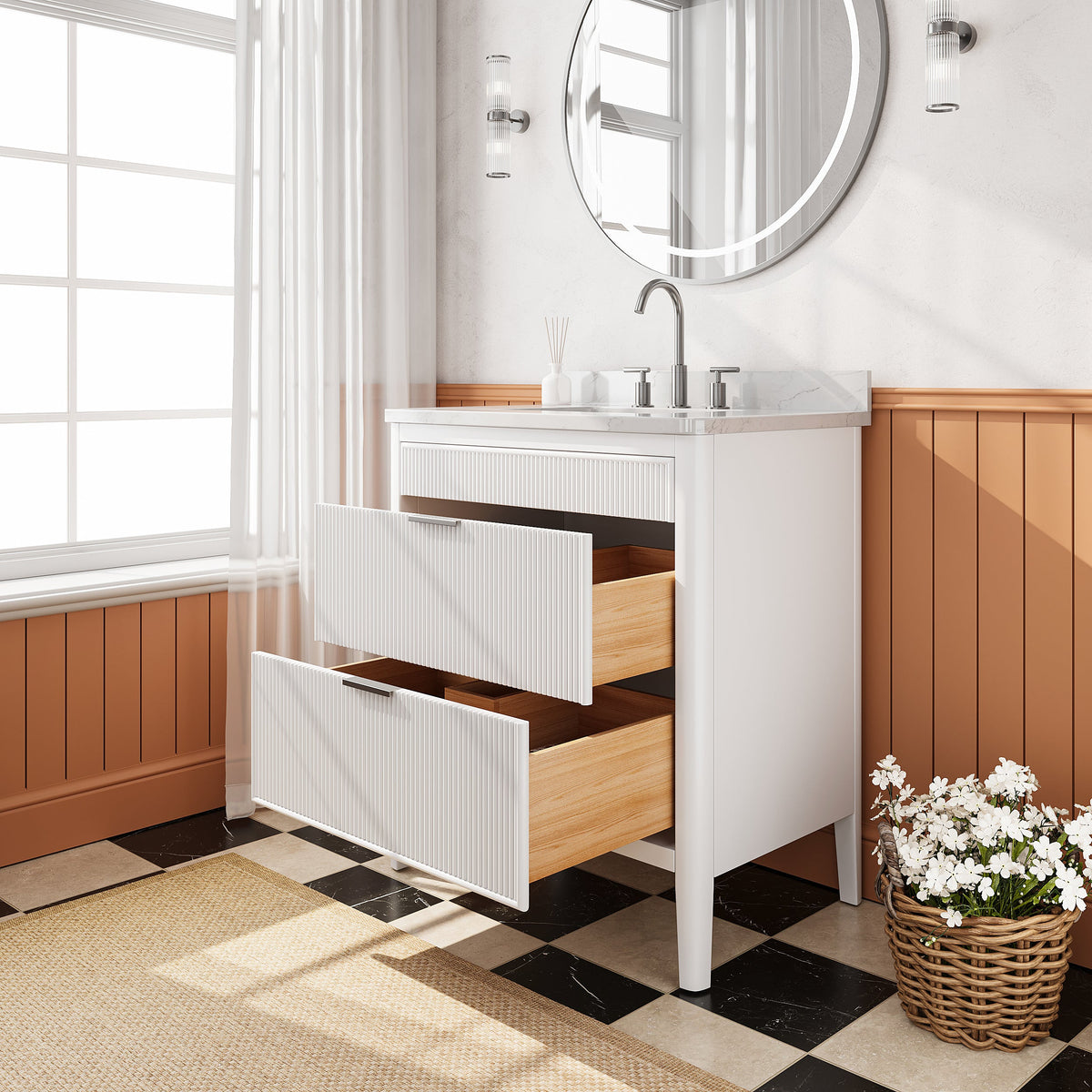 Fully Assembled 30'' Bathroom Vanity with Engineered Marble Top - White
