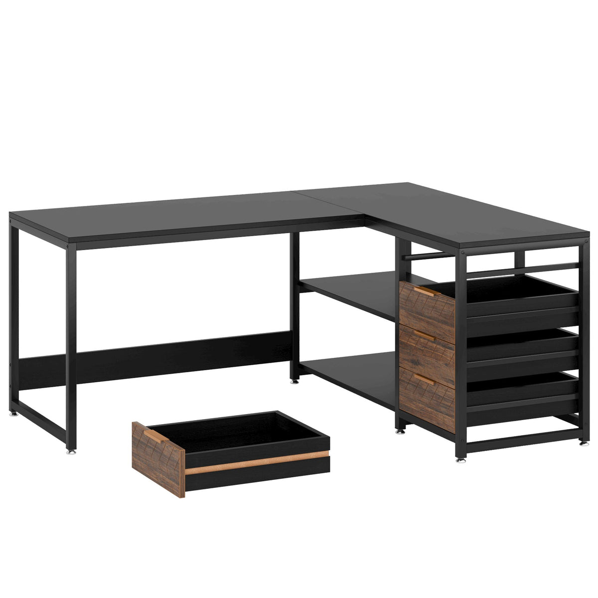 L-Shaped Computer Desk with Drawers and Shelves - Black or Dark Brown