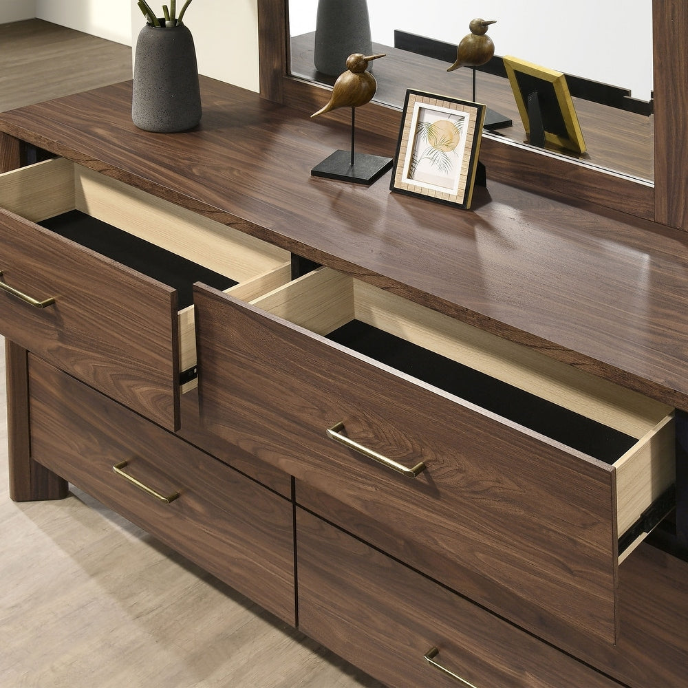 Walnut Color Solid Wood Dresser 6-Drawers with Rounded Edges - Walnut