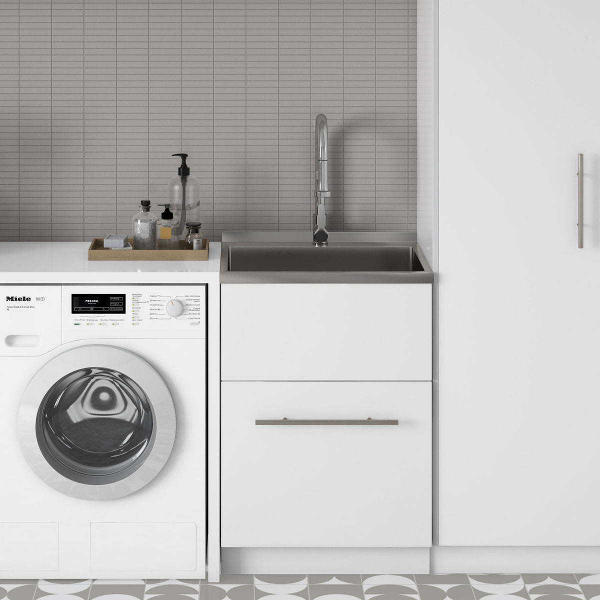 White Laundry Cabinet with Stainless Steel Sink and Faucet