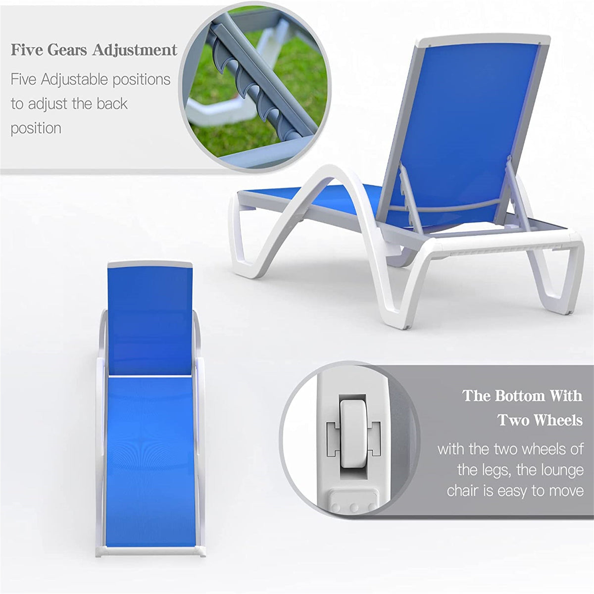 Adjustable Aluminum Patio Chaise Lounge Chair with Armrest - Blue
