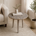 Handcrafted Mango Wood Round Accent Table with Intricate Carving - Gray Antique Wash
