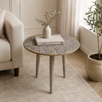 Handcrafted Mango Wood Round Accent Table with Intricate Carving - Gray Antique Wash
