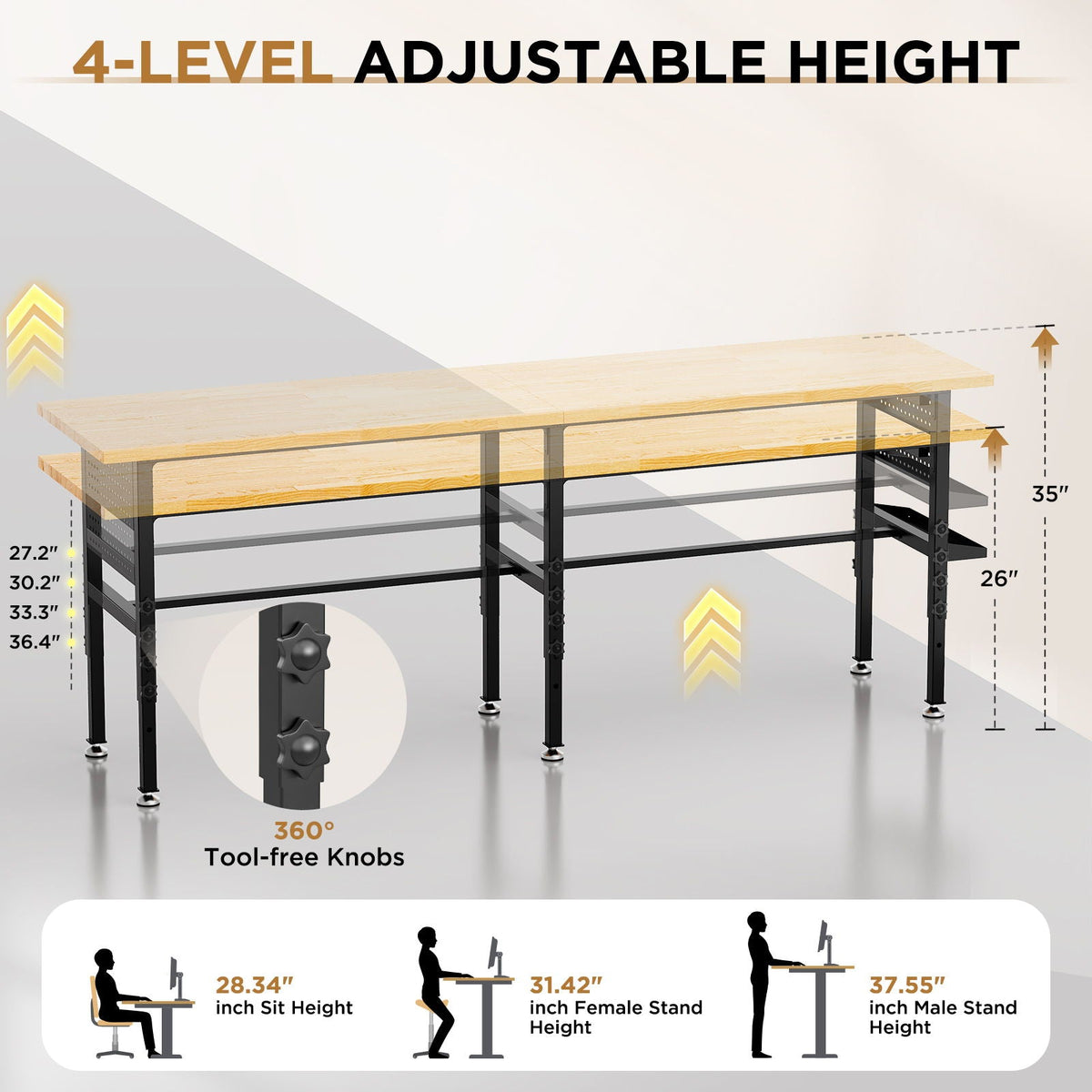 Adjustable Workbench with Pegboard and Power Outlet - Black