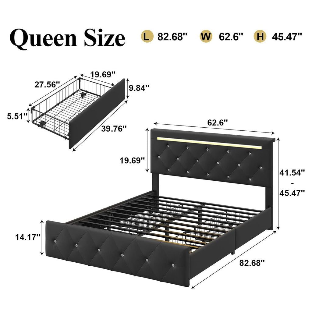 Upholstered Storage Bed Frame with LED Lights and Drawers – White or Black