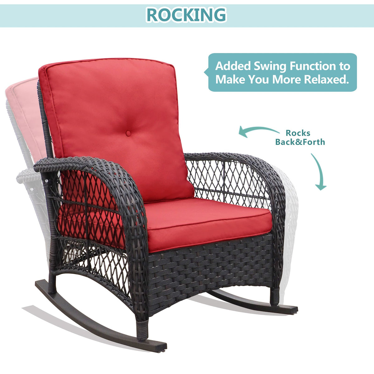 Outdoor Wicker Rocker Patio Bistro Set with Glass Top Table - Red