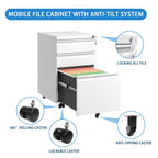 Metal Drawer Mobile File Cabinet with Lock for Secure Organization - White or Black