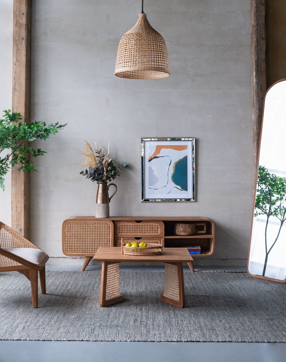 Teak Coffee Table with Teak and Rattan Construction - Natural Wood / Brown