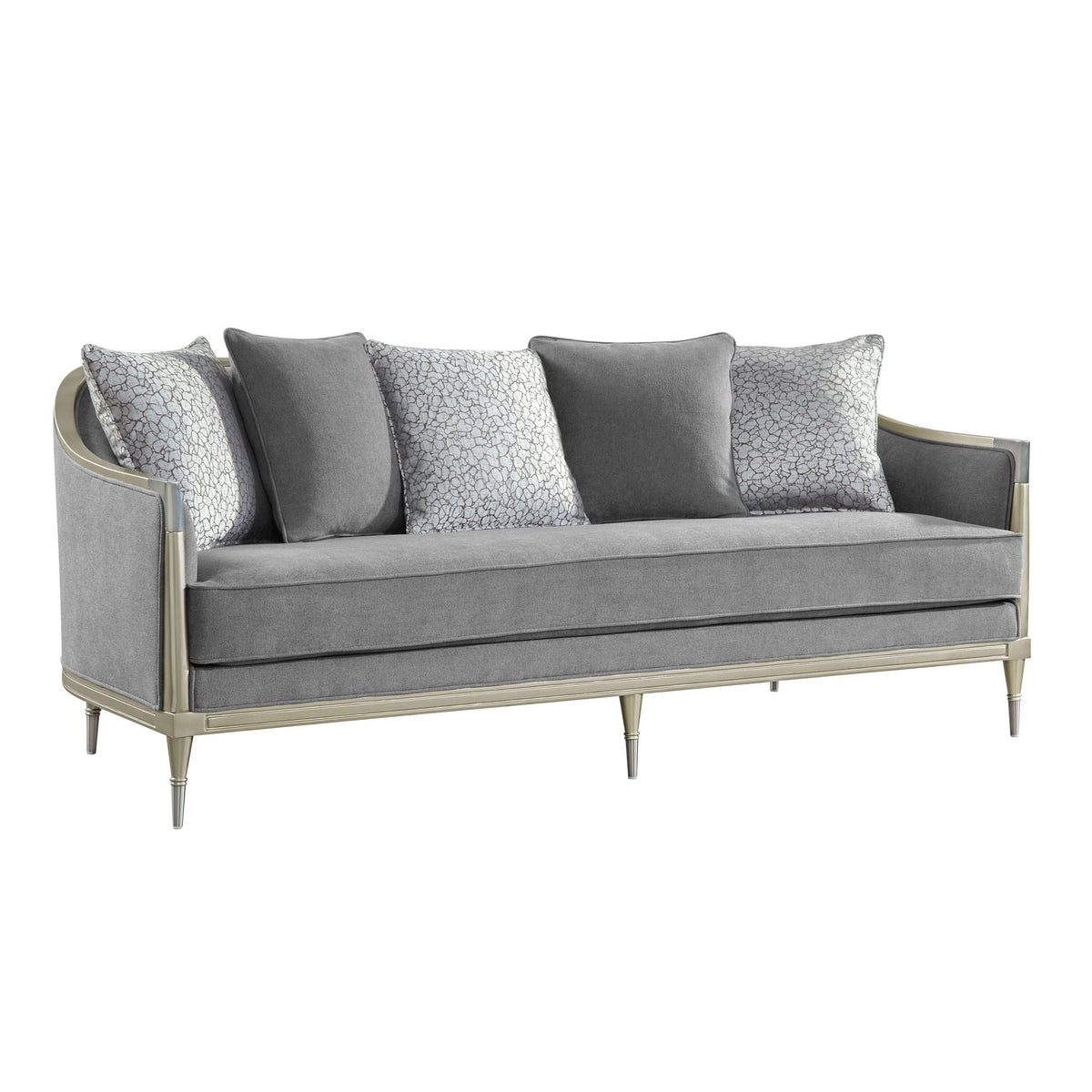Champagne Gray Sofa with 5 Pillows and Modern Metal Legs