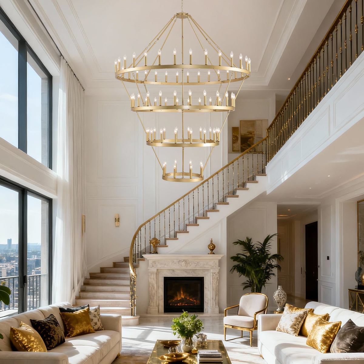 70.87 Inch 3-Tier Wagon Wheel Chandelier with 60 Lights - Gold