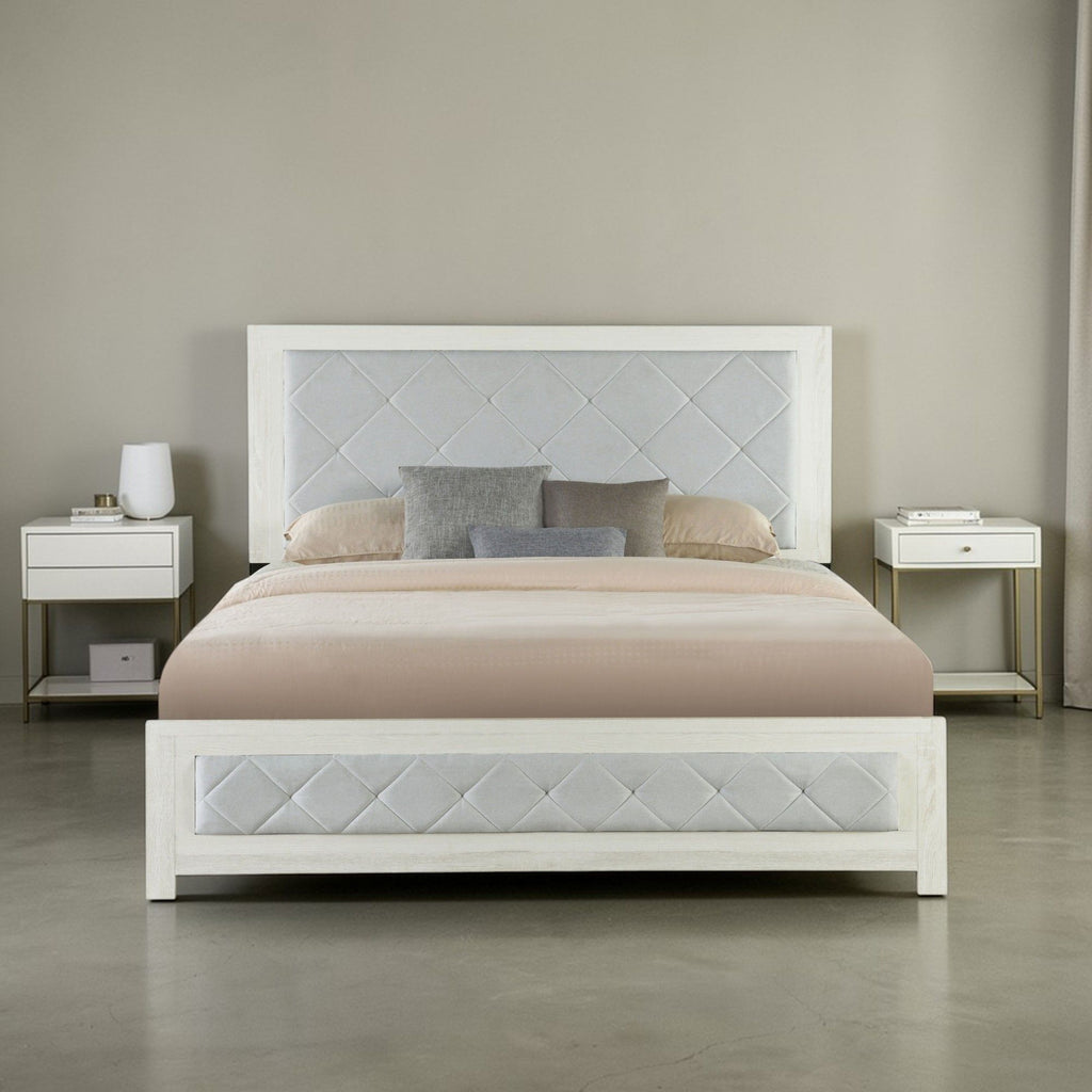 Lozenge Upholstered Panel Bed with Padded Headboard - Beige