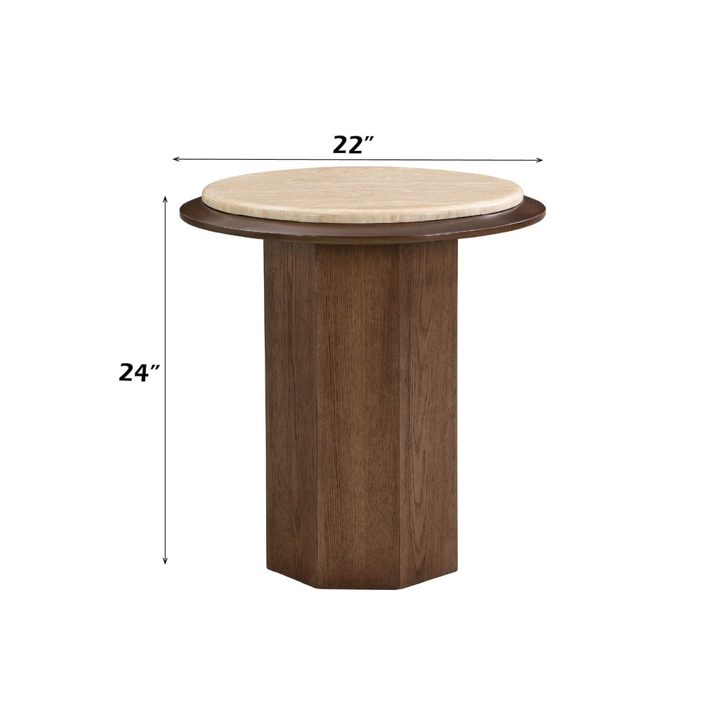 Walnut End Table with Travertine Top - Contemporary Design