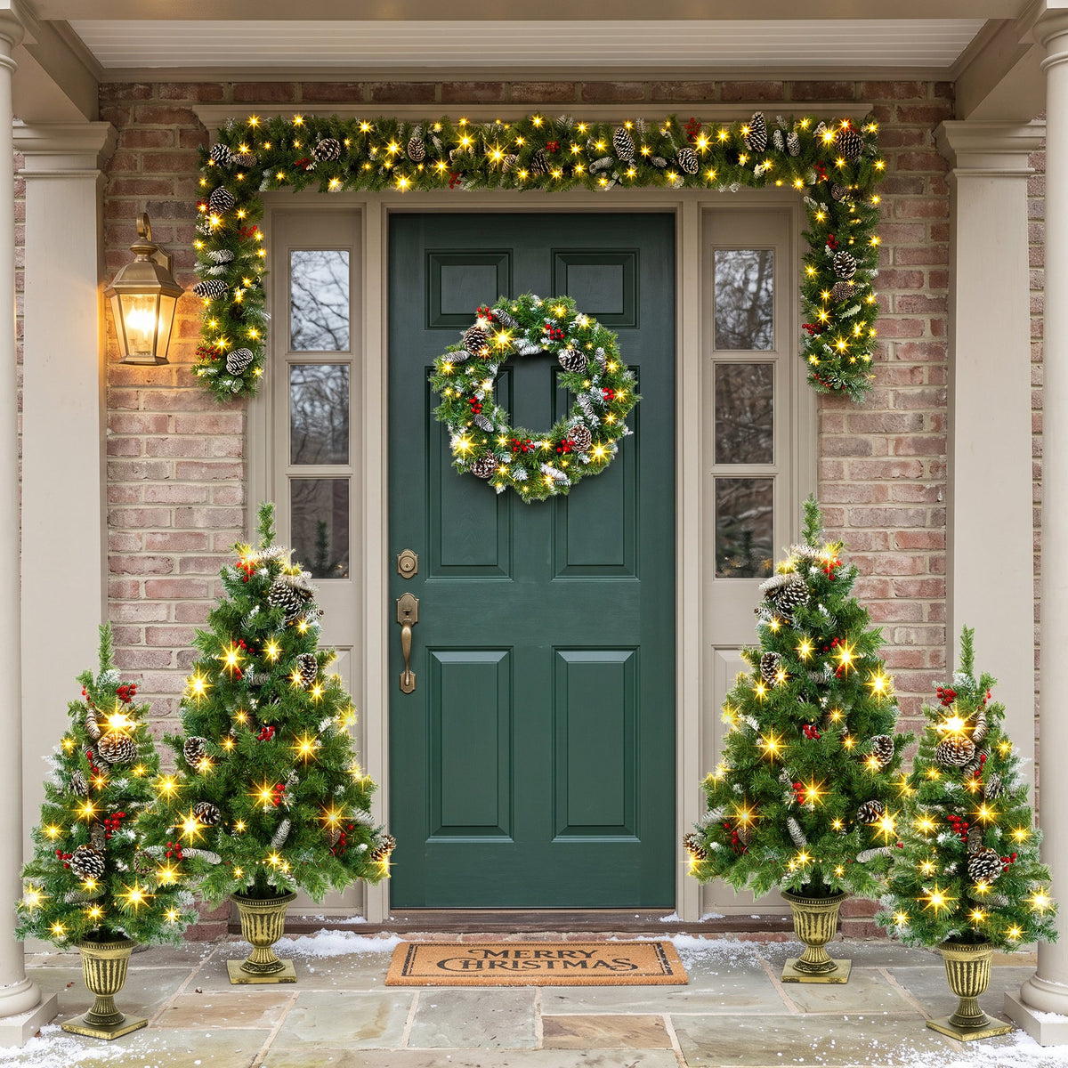 6-Piece Christmas Tree Set with Pre-Lit Wreath and Garland – Warm