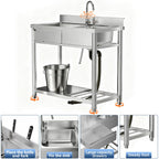 Stainless Steel Outdoor Utility Sink with Workbench & 360° Faucet - Silver