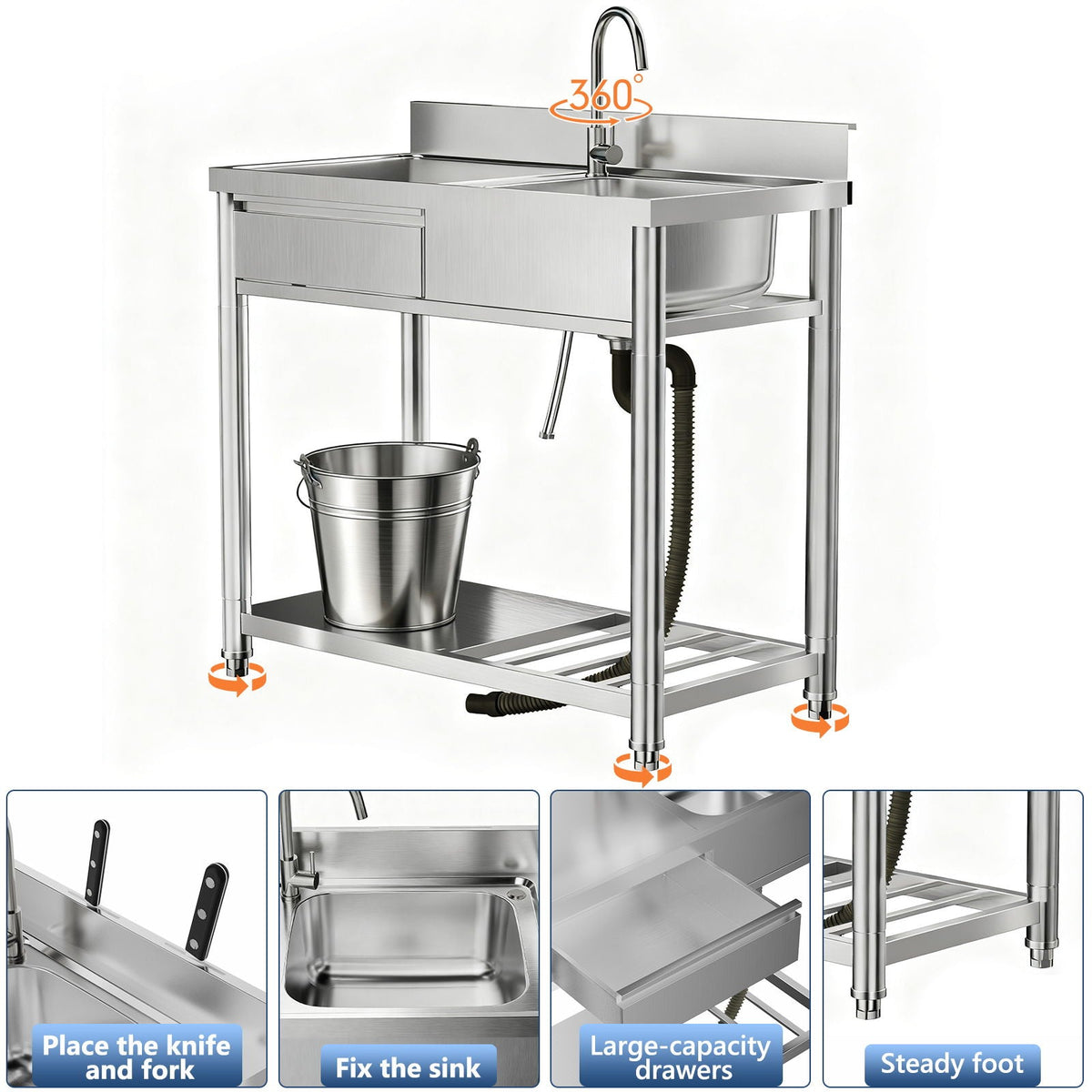 Stainless Steel Outdoor Utility Sink with Workbench & 360° Faucet - Silver
