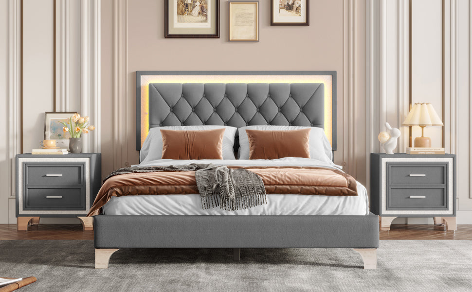 Queen Upholstered Platform Bed with LED Lights - 3-Piece Set, Gray