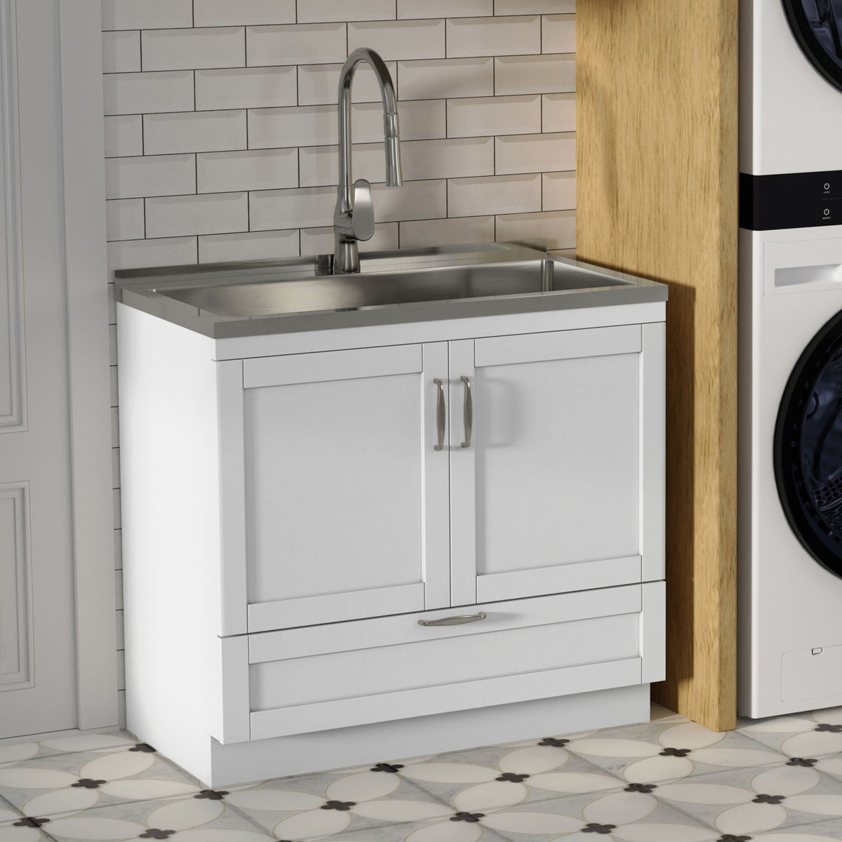 Deluxe Laundry Cabinet with Pull-Out Faucet and Stainless Steel Sink - White