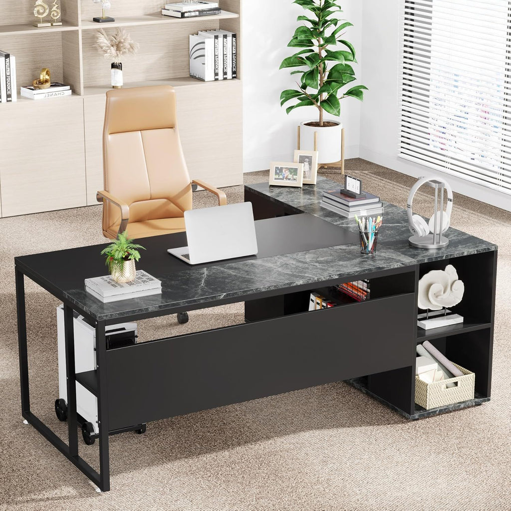 L-Shaped Executive Desk with Cabinet Storage - Dark Gray or Black