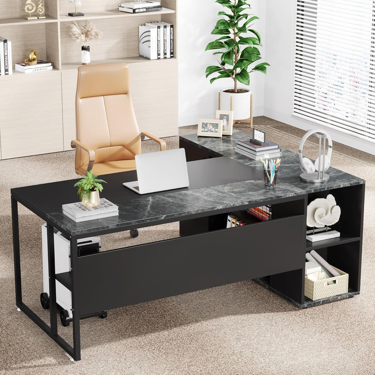 L-Shaped Executive Desk with Cabinet Storage - Dark Gray or Black