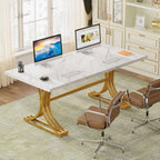 White and Gold Executive Desk with X-Legs - Stain-Resistant Surface