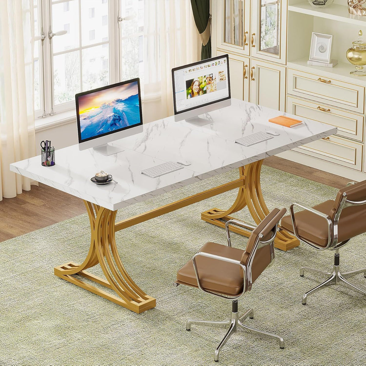 White and Gold Executive Desk with X-Legs - Stain-Resistant Surface