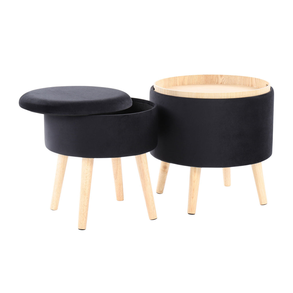 Contemporary Storage Ottoman with Matching Stool - Black / Natural
