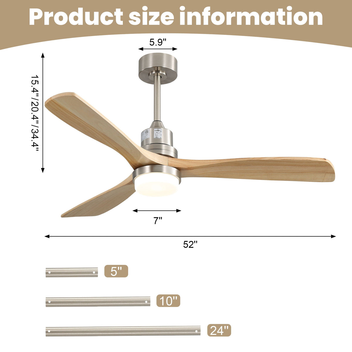 Indoor Ceiling Fan with Dimmable LED Light and 6-Speed Remote - Light Brown or White