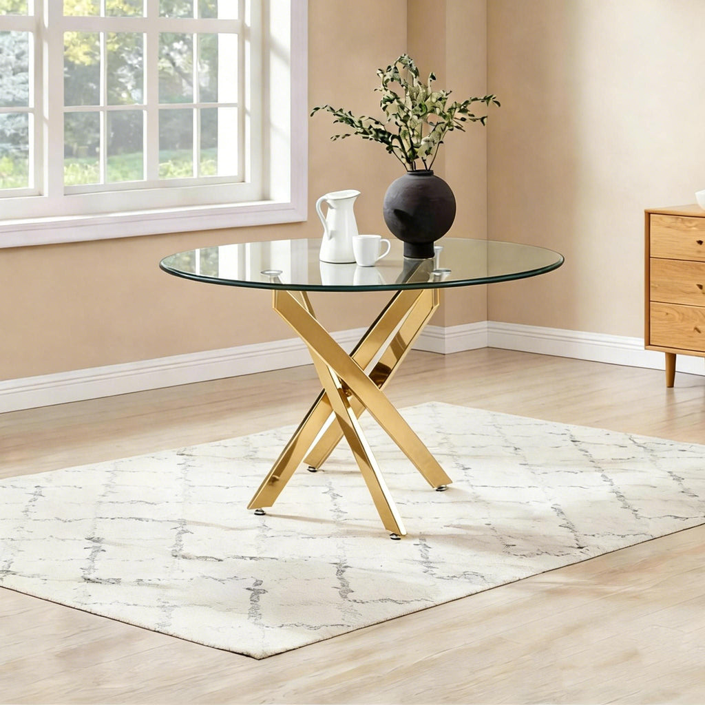 Modern Round Dining Table with Metal Frame - Pearl Silver, Gold, or White