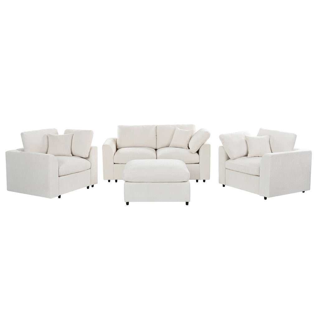 Chenille 4-Piece Sofa Set with Accent Chairs and Movable Ottoman - Grey
