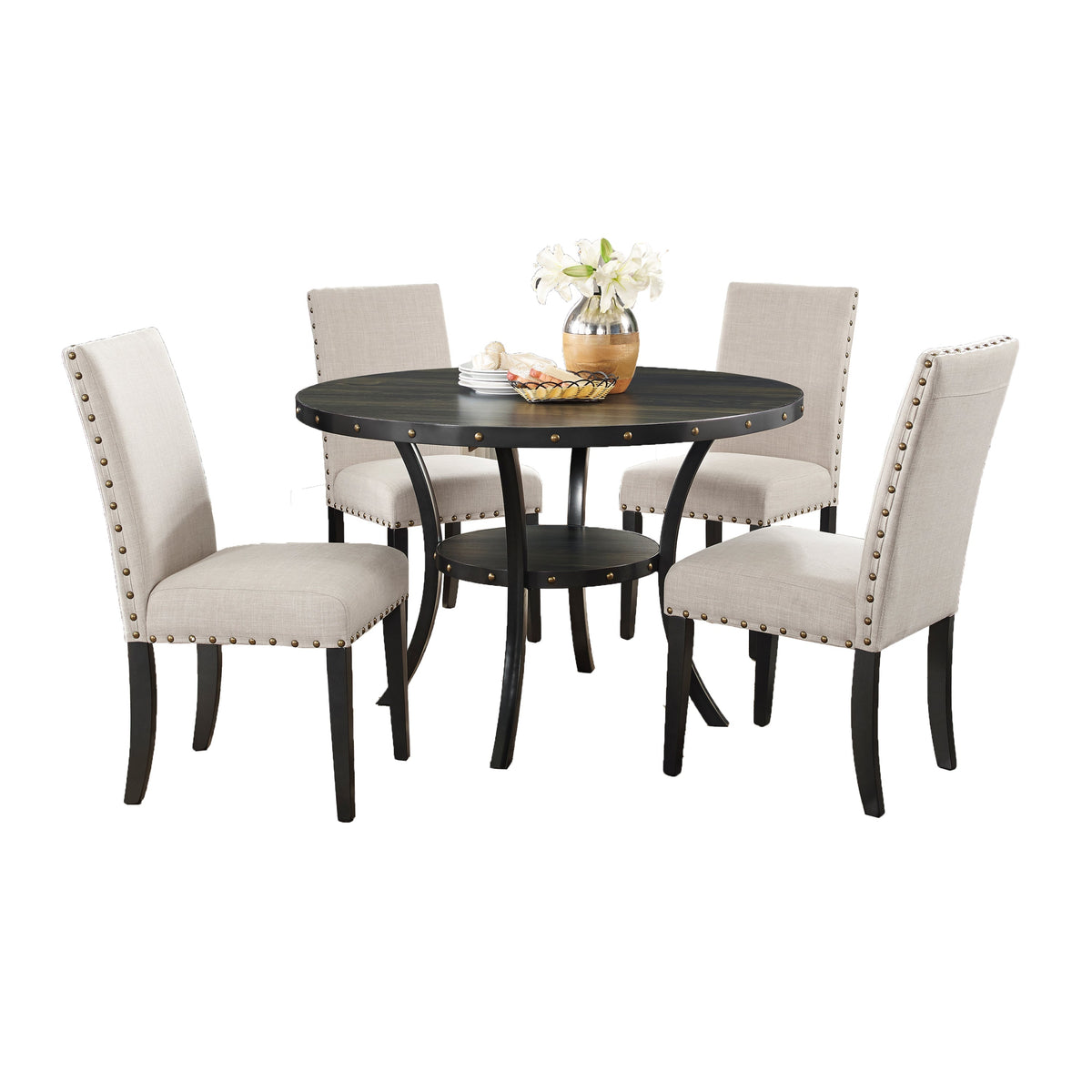 Espresso Wood 5-Piece Dining Set with Nailhead Chairs - Tan