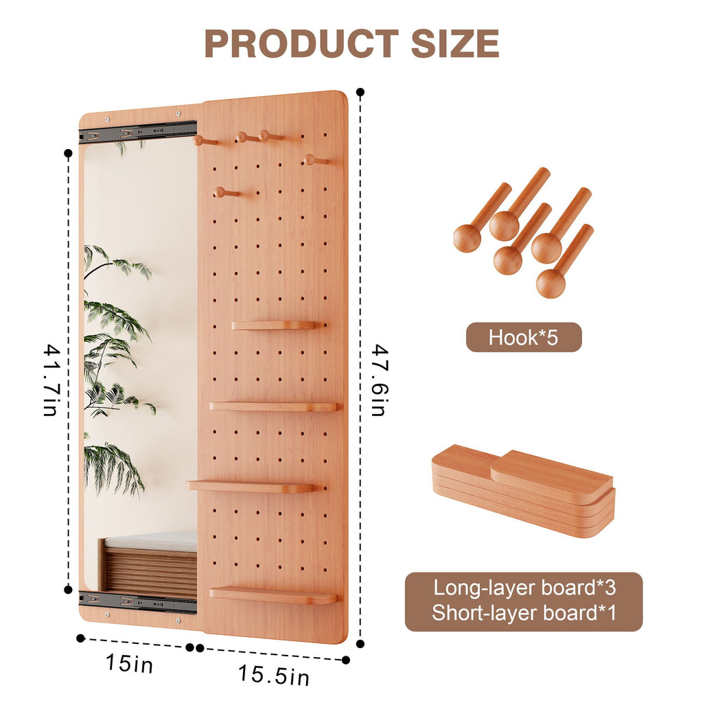 Full Length Wall Mounted Mirror with Shelf and Hook - Dark Brown, White, or Light Brown