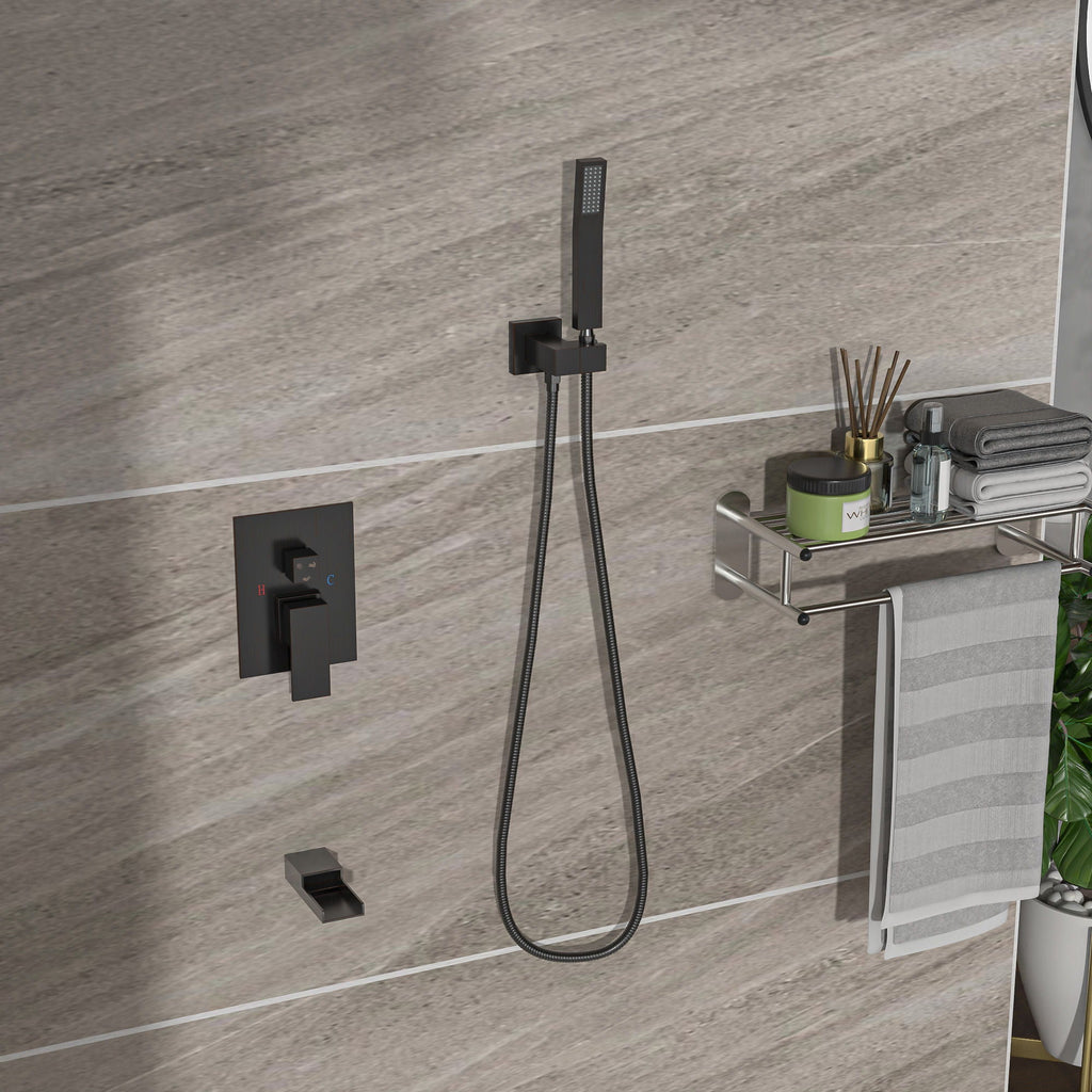 Modern Shower System with Waterfall Tub Spout - Black or Gray
