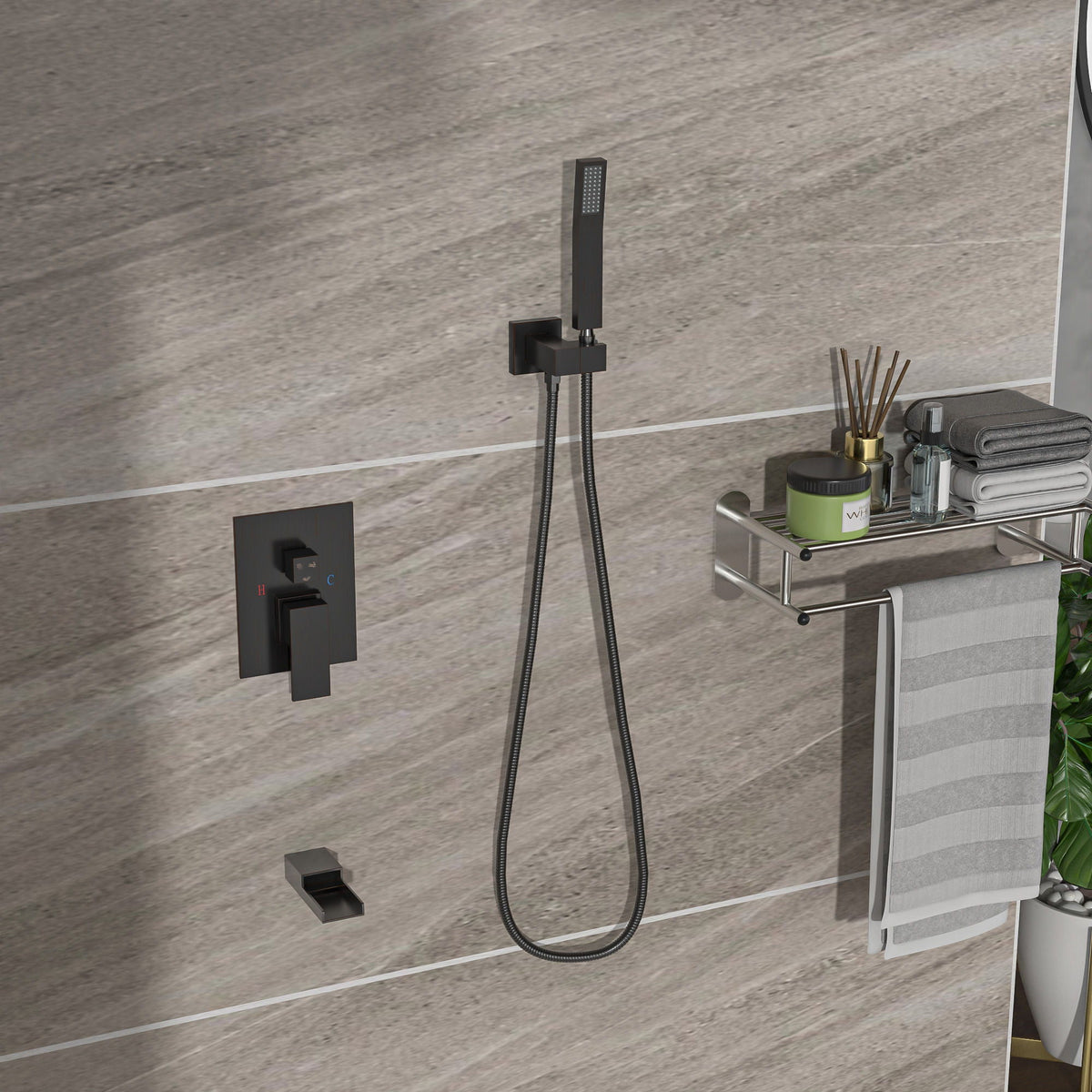 Modern Shower System with Waterfall Tub Spout - Black or Gray