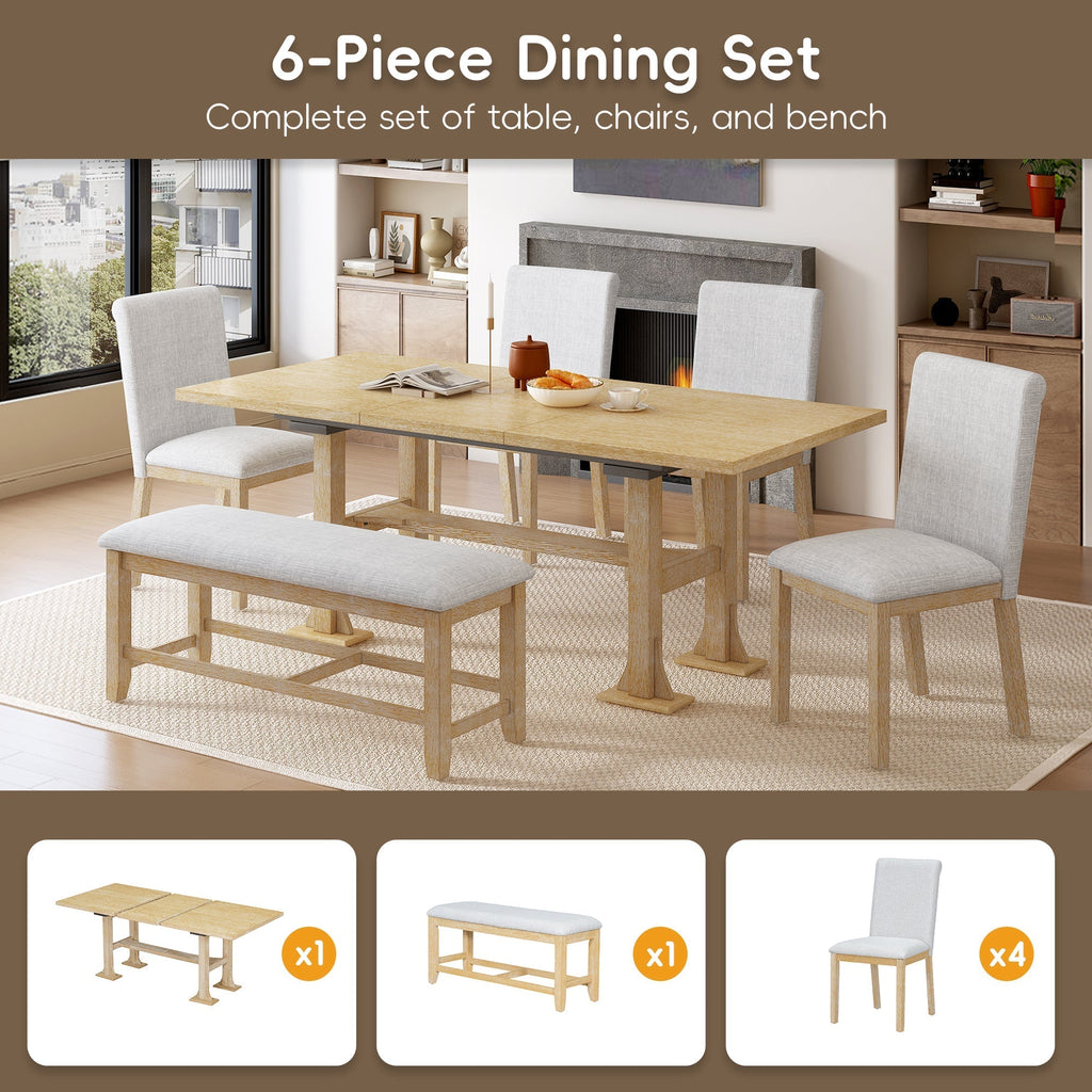 Natural Solid Wood Extendable Dining Set with Bench Seating - 6 Piece