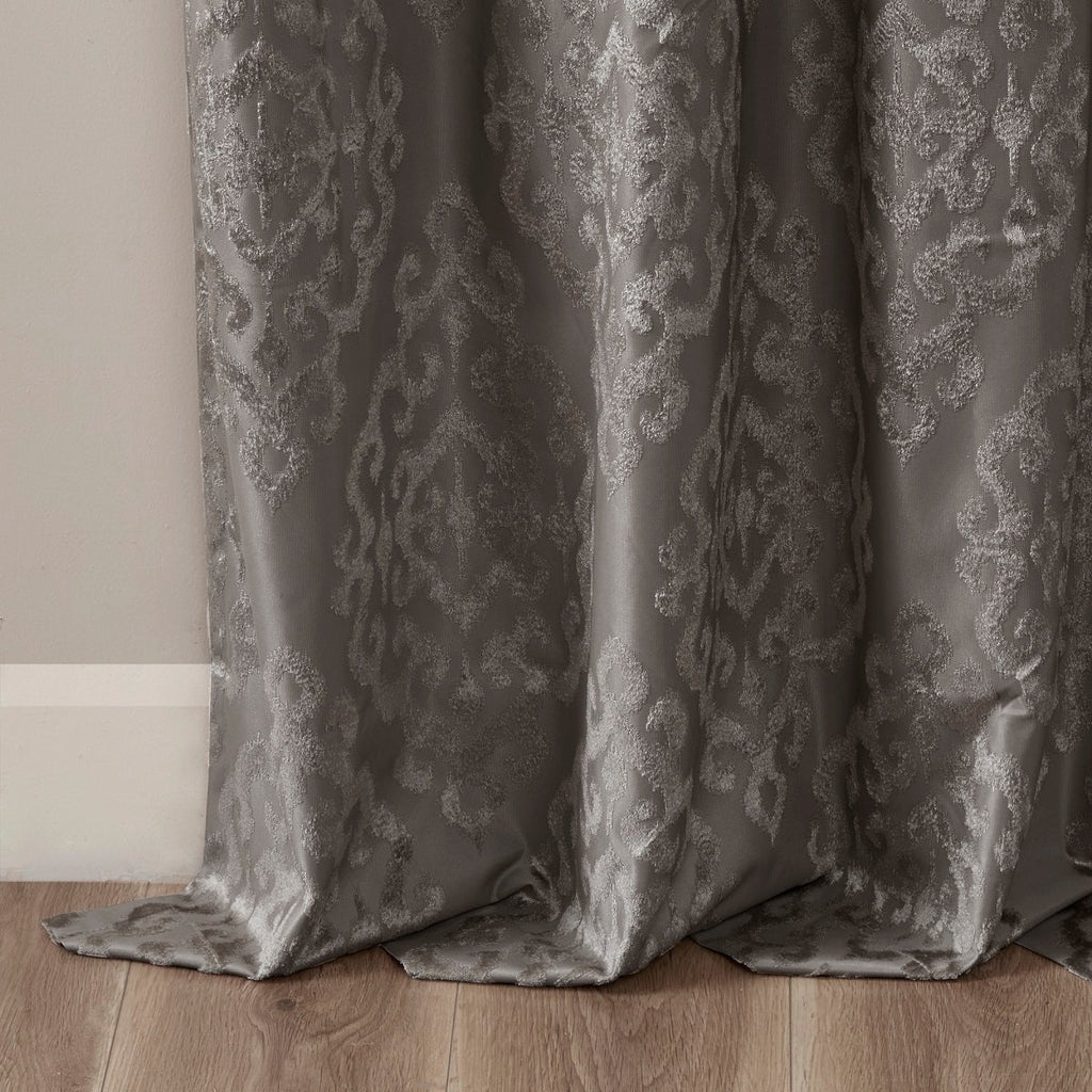 Charcoal Knitted Jacquard Damask Blackout Curtain Panel with Silver Grommets