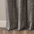 Charcoal Knitted Jacquard Damask Blackout Curtain Panel with Silver Grommets