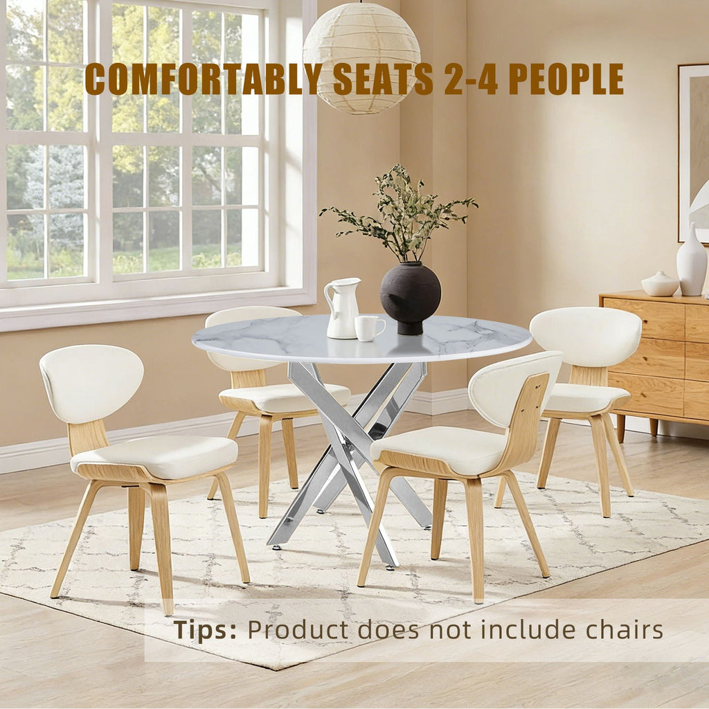 Modern Round Dining Table with Metal Frame - Pearl Silver, Gold, or White
