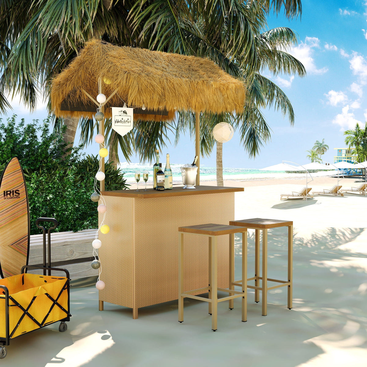 Hawaiian-Style Bar Height Patio Set with Acacia Wood Top - Natural