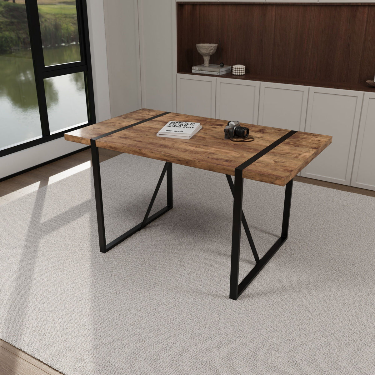 Rectangular Wood Dining Table with Metal Frame - Light Brown