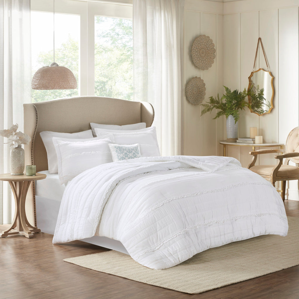 White Microfiber Ruffled Comforter Set with Decorative Pillow – Queen