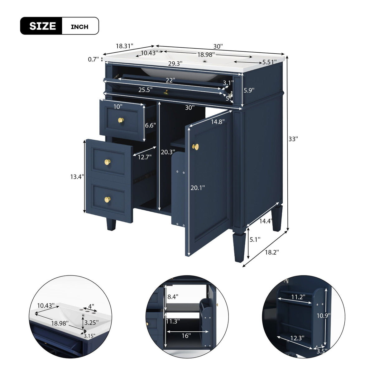 Bathroom Vanity with Ceramic Sink and Multiple Storage Drawers - White, Blue, Dark Gray, Black, Dark Green