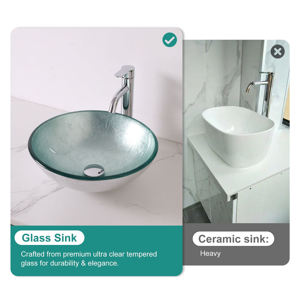 Tempered Glass Vessel Sink with Pop-Up Drain - White, Pearl Silver, Dark Brown, Dark Gray