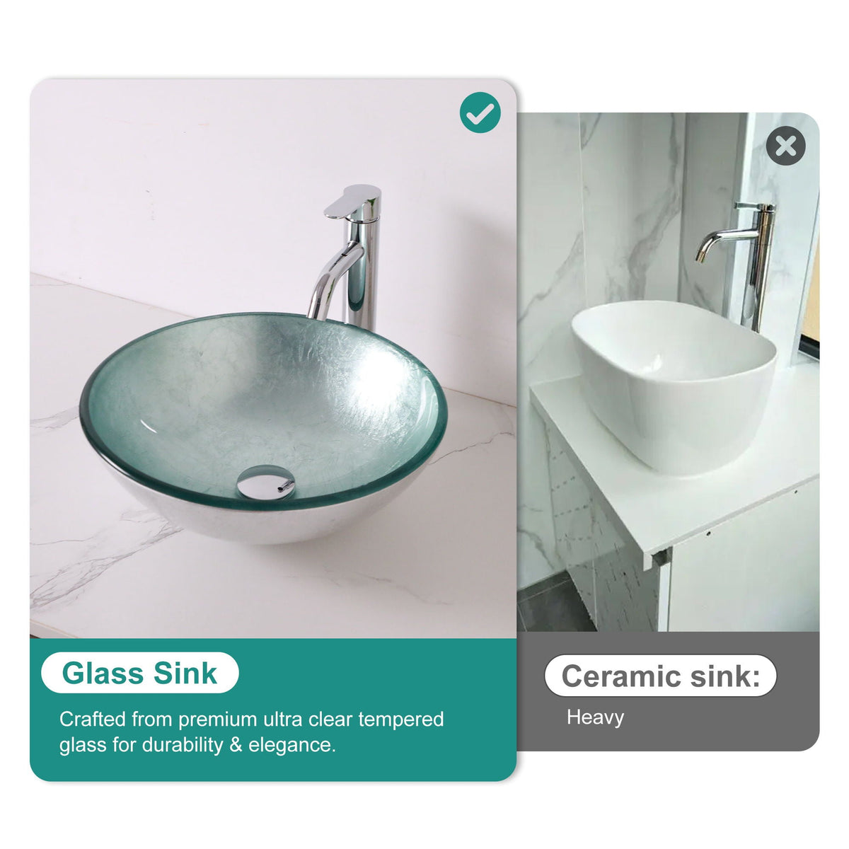 Tempered Glass Vessel Sink with Pop-Up Drain - White, Pearl Silver, Dark Brown, Dark Gray