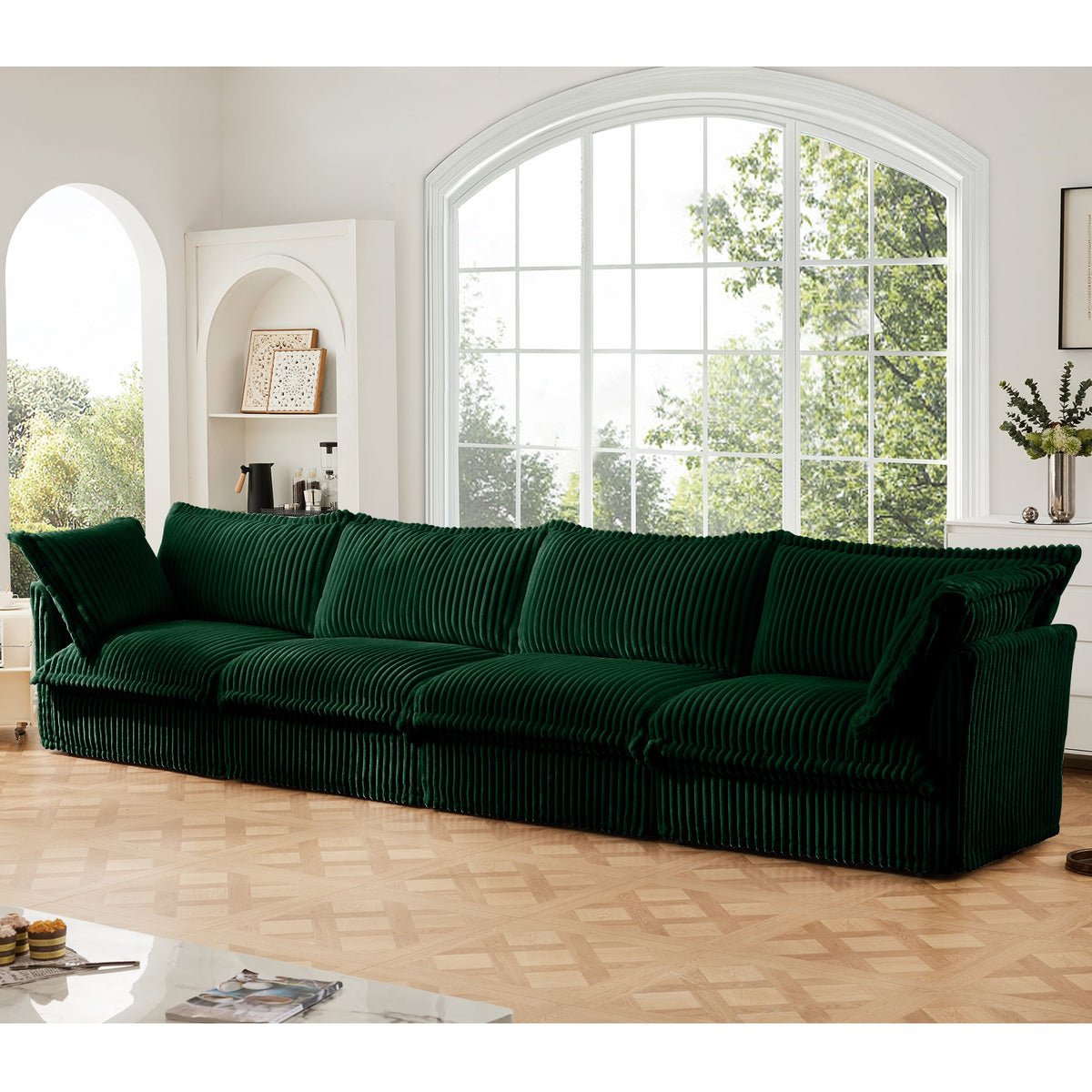 Slipcovered Long Sofa - 4 Seater Living Room Couch with Removable Covers - Green or Cream