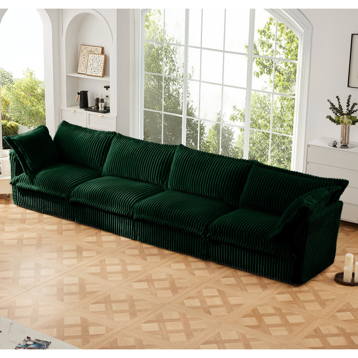 Slipcovered Long Sofa - 4 Seater Living Room Couch with Removable Covers - Green or Cream
